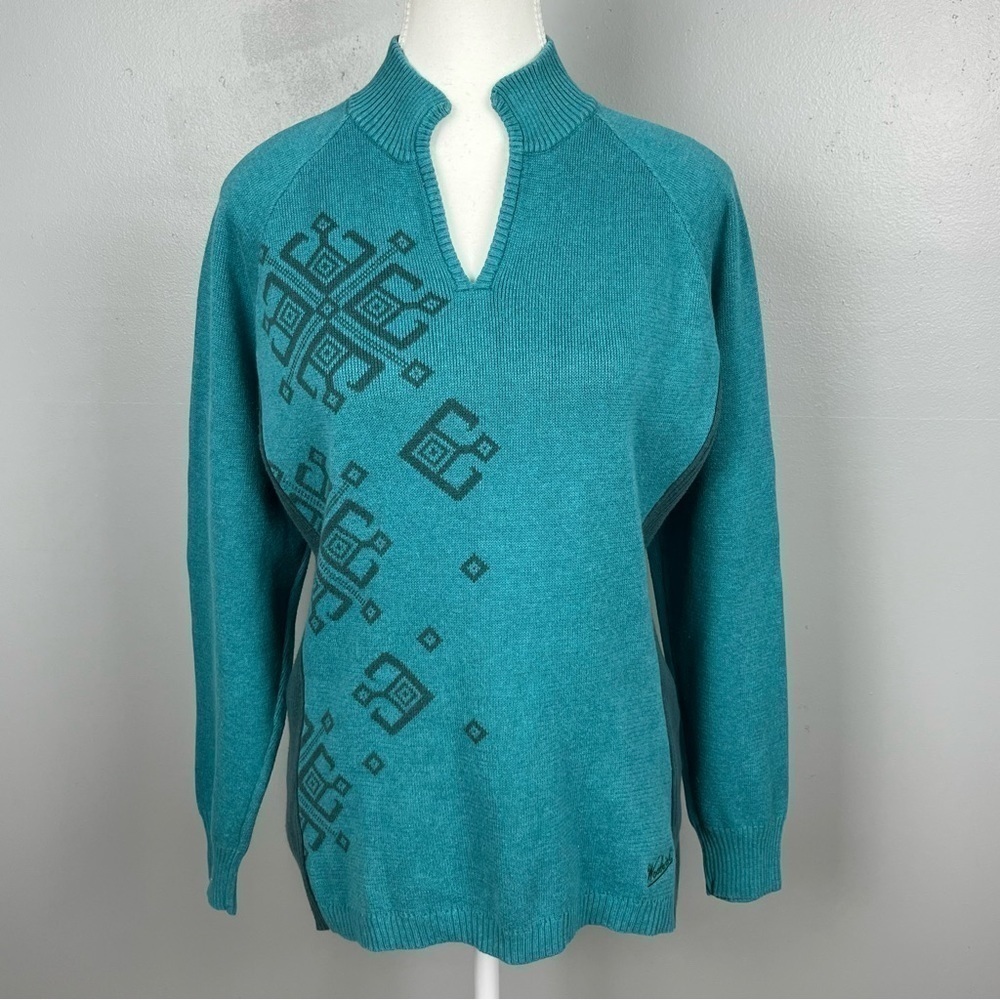 Woolrich 100% cotton notch neck snowflake print Nordic ski sweater, size small.